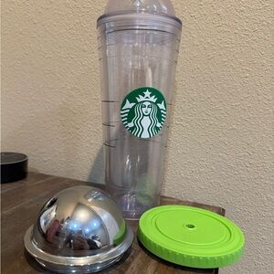 Starbucks Clear Tumbler with Lime Green Lid and Silver Dome
